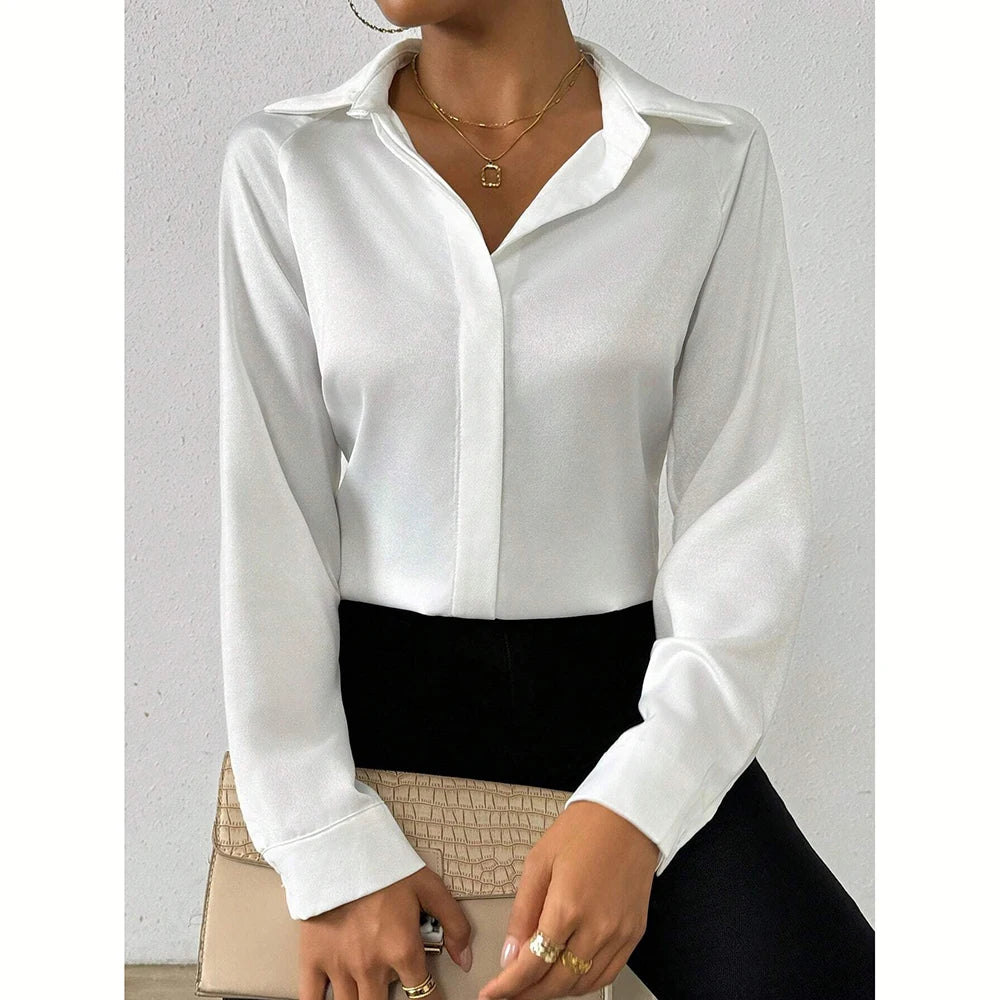 Mia Muse Women's Shirts Autumn Elegant Decent Plain Long Sleeve Shirt Collar Workwear Shirts