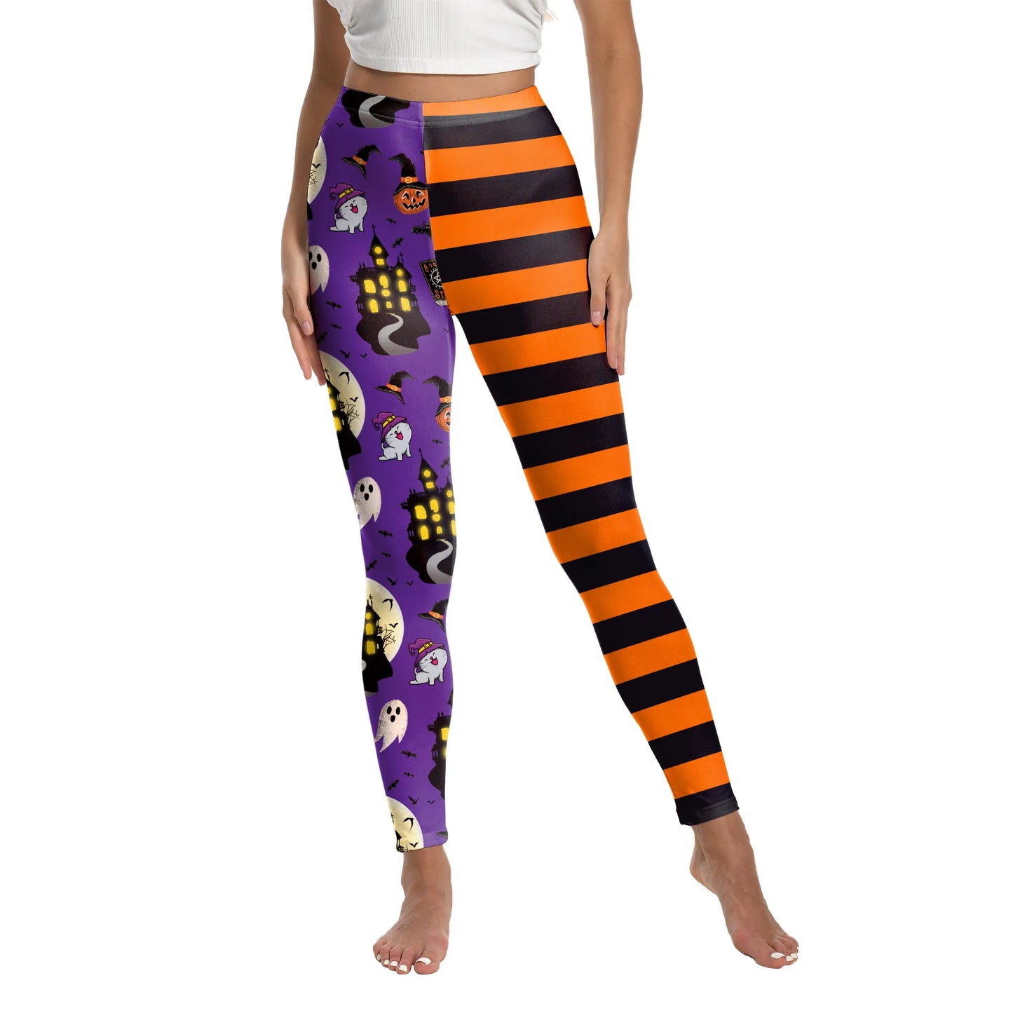 [You're My Secret] Halloween Party Women Stripe Printed Leggings Stretch Athletic Push Up Fitness High Waist Workout Yoga Pants
