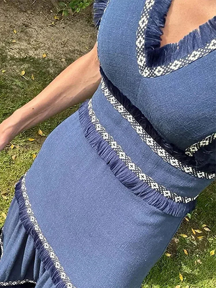 Chic Elegant Tassel Spliced Print Ruffles Long Dress Women Fashion V Neck Sleeveless A-line Robe 2024 Chic Lady Holiday Robe