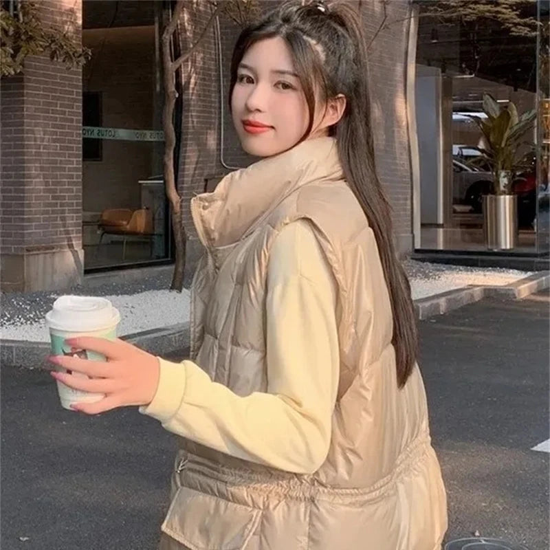 Women Mock Neck Pocket Solid Thermal Coat Vest Zipper Thickened Warm Loose Jacket Casual Puffer Jackets For Women Fall Winter