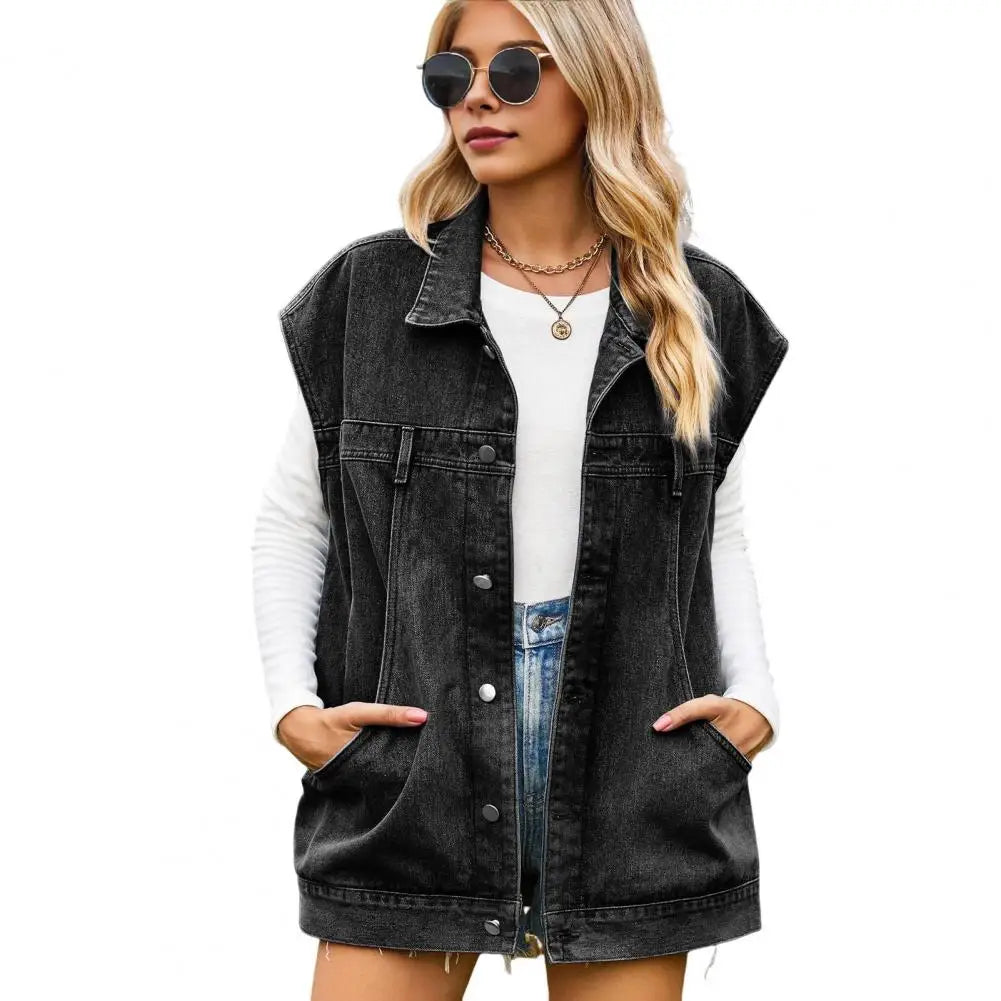 Denim Waistcoat Stylish Women's Denim Vest with Big Pockets Single-breasted Design Casual Sleeveless Jacket for Streetwear Retro