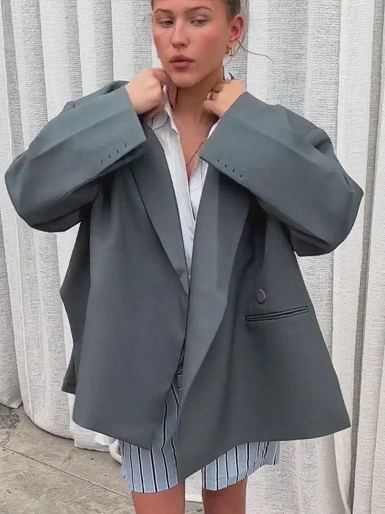 2024 Casual Suit Blazer Coat Women Oversized Double Button Notched Side Slit Jacket Female Autumn Office Shoulder Pads Lady Tops