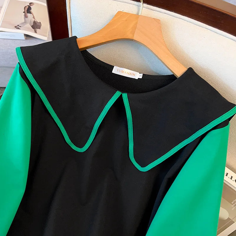 170Kg Plus Size Women's Bust 170 Spring Autumn Loose Contrast Doll Neck Sweatshirt Black 6XL 7XL 8XL 9XL 10XL 11XL