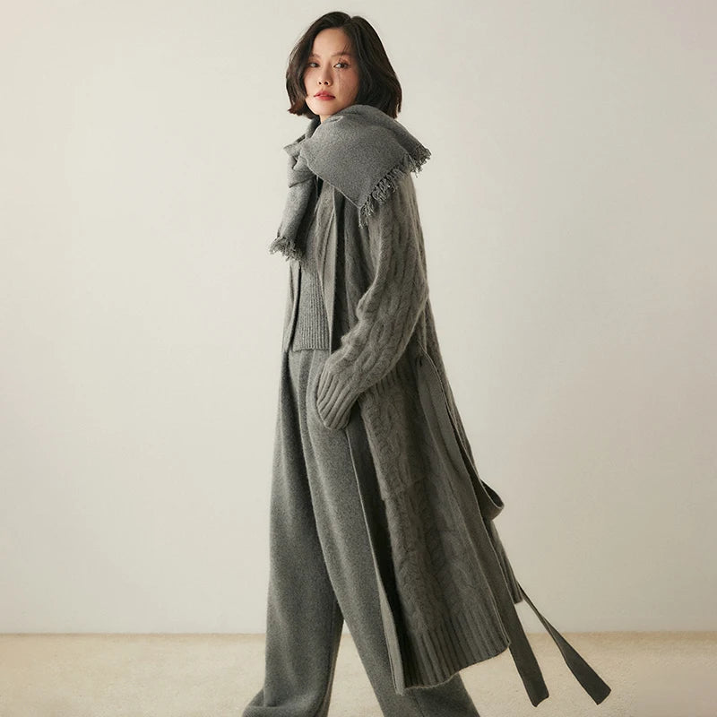 Luxury Women's Long Coat Hooded Cardigan 100% Cashmere Sweater Autumn Winter Thick Lace-up Knitwear Cashmere Clothing Warm Tops