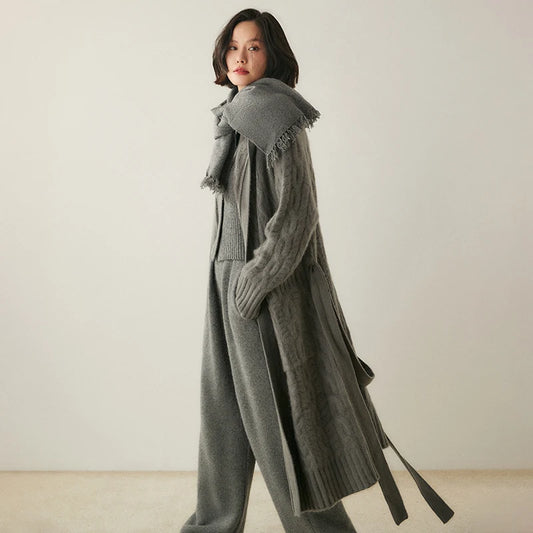 Luxury Women's Long Coat Hooded Cardigan 100% Cashmere Sweater Autumn Winter Thick Lace-up Knitwear Cashmere Clothing Warm Tops