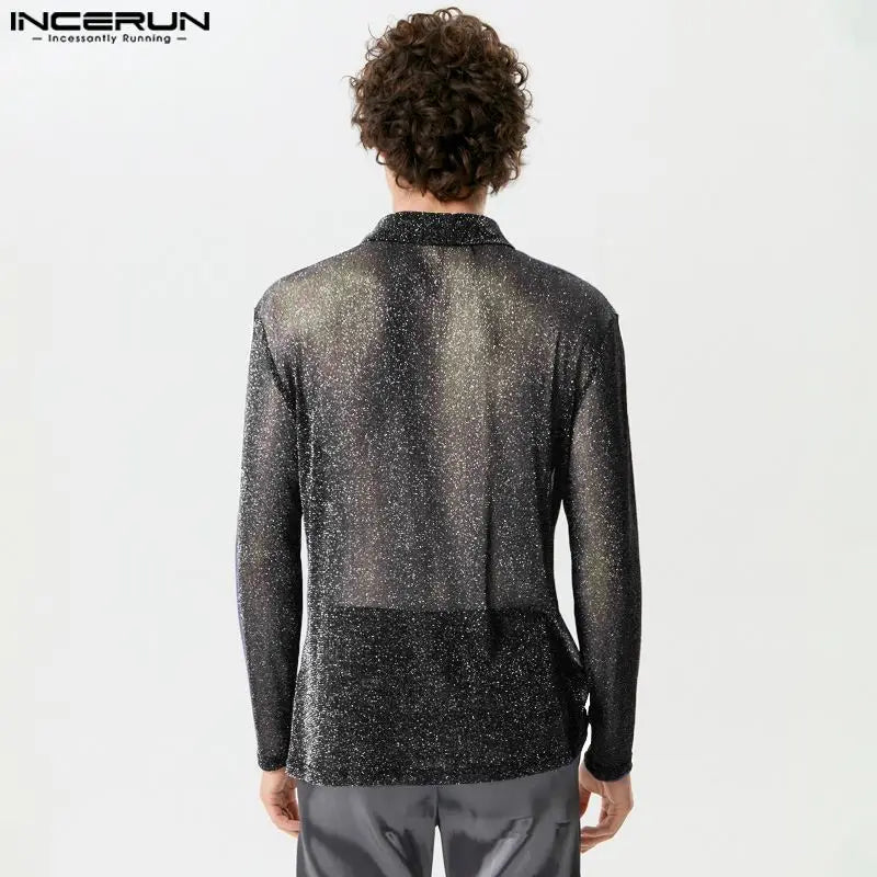 2024 Men Shirt Shiny Solid Color Lapel Long Sleeve Button Streetwear Party Fashion Men Clothing Casual Camisas S-5XL INCERUN