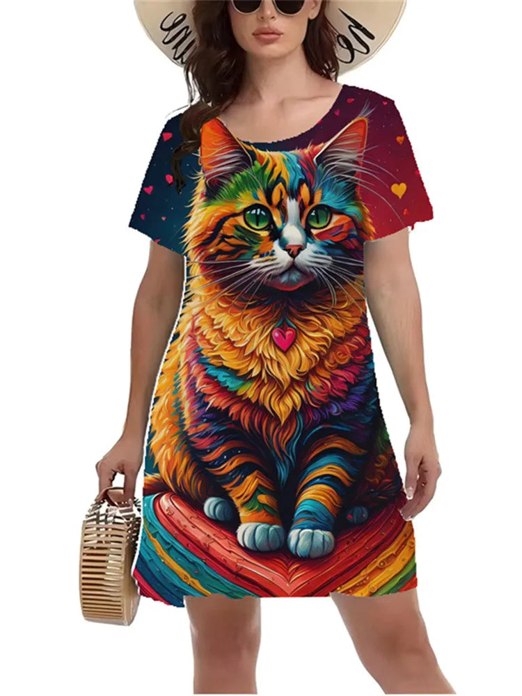 Fun Animal Pattern Print Dress Women Summer Short Sleeved Casual Beach Mini Dress S-3XL Female Fashion Personality A-Line Dress