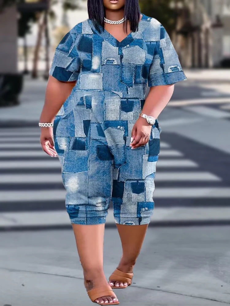 Plus Size Contrast Leopard Print V Neck Half Sleeve Jumpsuit Casual Chic Knee-Length