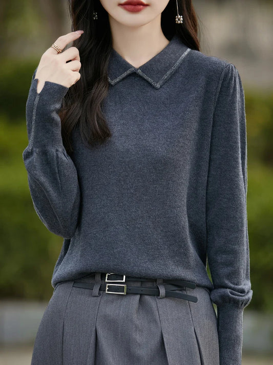 Women Merino Wool Sweater Polo Collar Lantern Sleeve Pullover Autumn Winter Knitted Clothing Diamond Long Sleeve Bottoming Tops