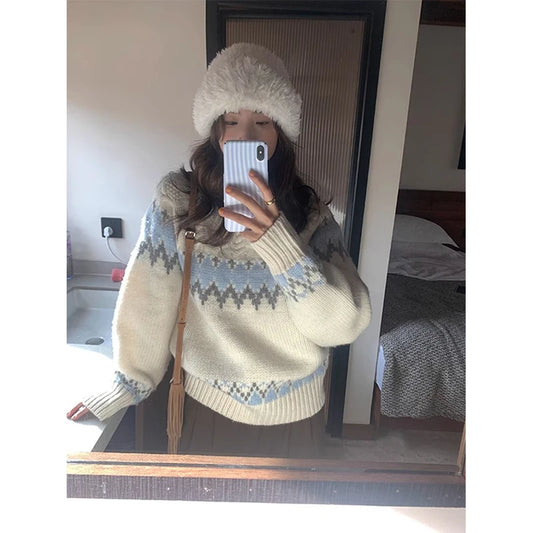 Vintage Print Sweater Women Japanese Harajuku Oversized Knitted Pullovers Winter Aesthetic Long Sleeve Jumpers Korean Knitwear