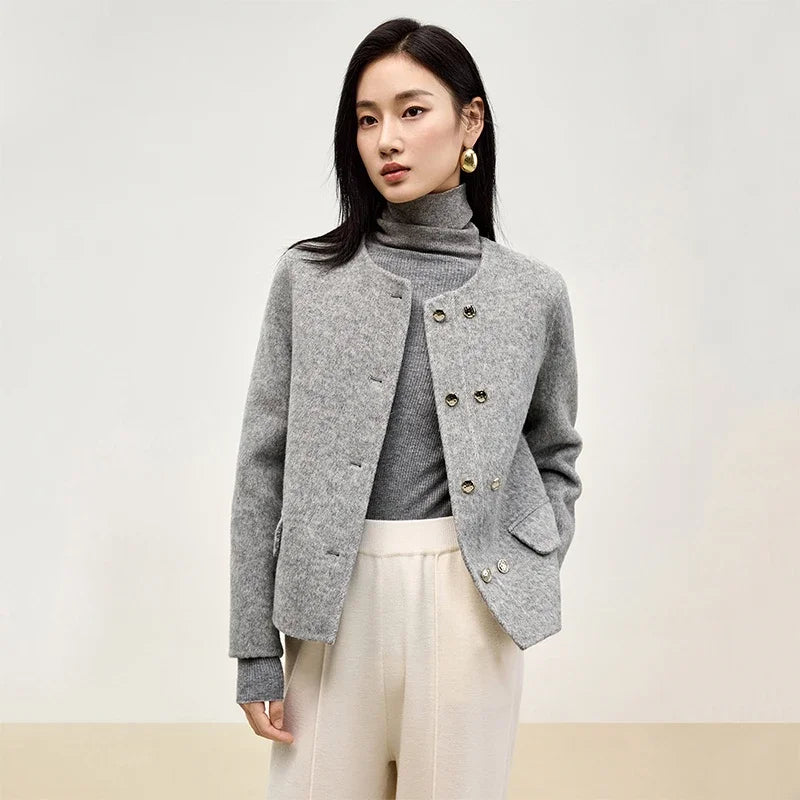 SENTUBILA Women Short Grey Woolen Coat 2024 Elegant Crew Neck Metal Double Breasted Short Jackets Winter Outerwear W44O56641