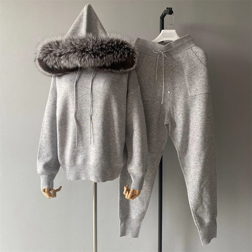 Jxwatcher Women's Sweater and Pant Sets With Real Fox Fur Collar Autumn Fashion Ladies Knitted Two Piece Set With Hooded Female