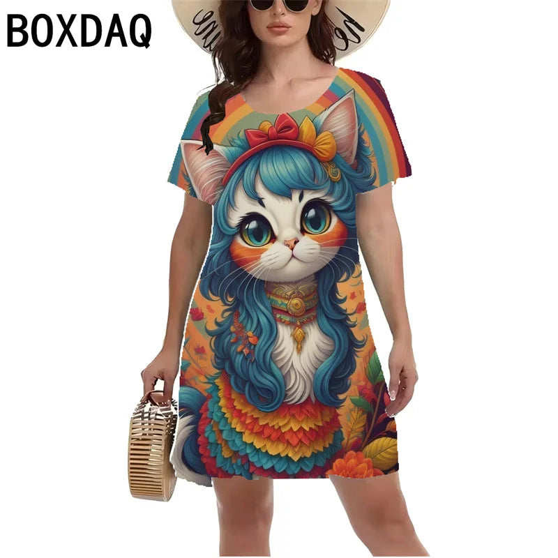 Fun Animal Pattern Print Dress Women Summer Short Sleeved Casual Beach Mini Dress S-3XL Female Fashion Personality A-Line Dress