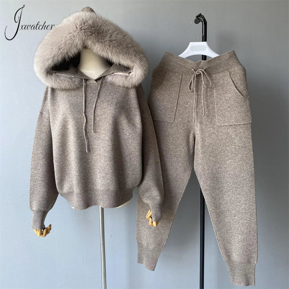 Jxwatcher Women's Sweater and Pant Sets With Real Fox Fur Collar Autumn Fashion Ladies Knitted Two Piece Set With Hooded Female