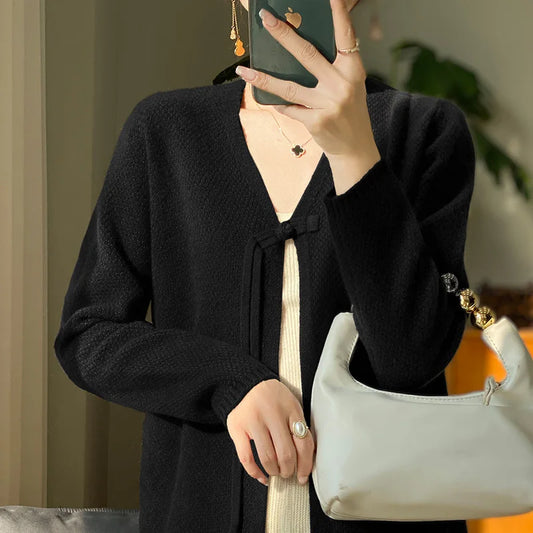 Spring Wool Cardigan Sweater Women Clothing V-neck Open Stitch Female Long Sleeve Tops Knitwears Korean Fashion New In Outerwear