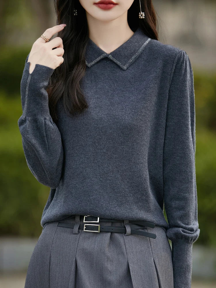 Women Merino Wool Sweater Polo Collar Lantern Sleeve Pullover Autumn Winter Knitted Clothing Diamond Long Sleeve Bottoming Tops