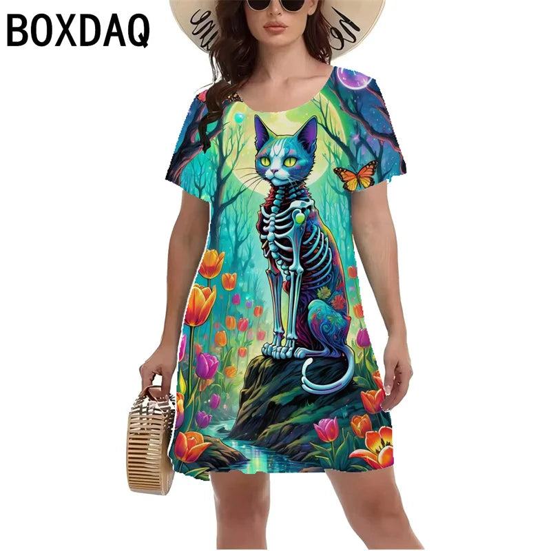 Fun Animal Pattern Print Dress Women Summer Short Sleeved Casual Beach Mini Dress S-3XL Female Fashion Personality A-Line Dress