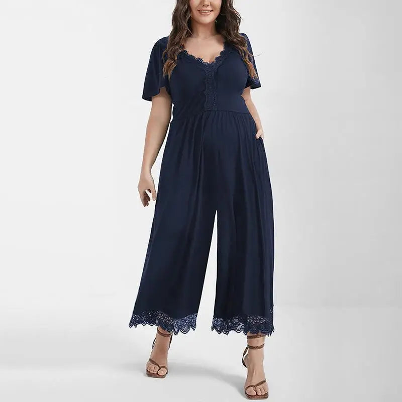 Women Jumpsuit 2024 Summer New Fashion Elegant Plus Size Female Knitted Lace Splicing Temperament Jumpsuit Casual Solid Color