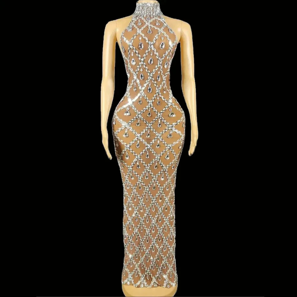 Sparkly Silver Sequins Sleeveless Birthday Wedding Dress Shiny Evening Celebrate Outfit Stretch Mesh Transparent Dance Dress