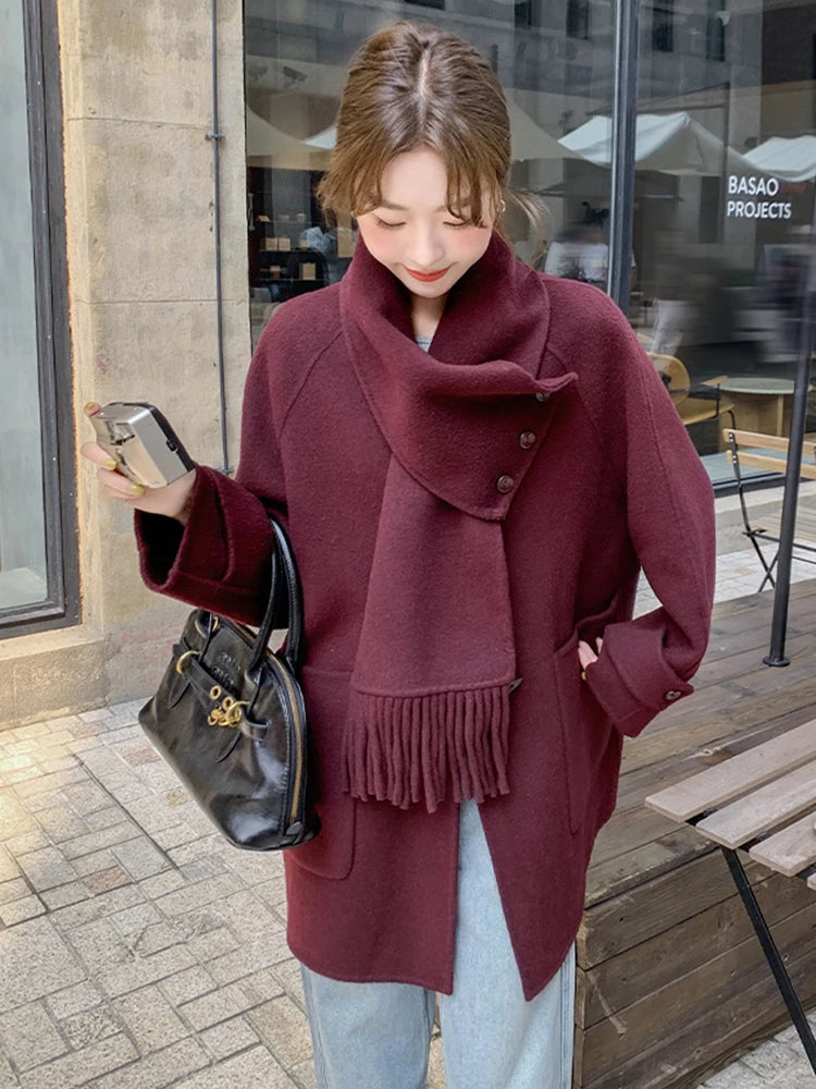 LANMREM Korean Style Women Short Wool Coat Scarf V Neck Solid Color Single Breasted Jackets Fashion Winter New Clothing 2VV1935