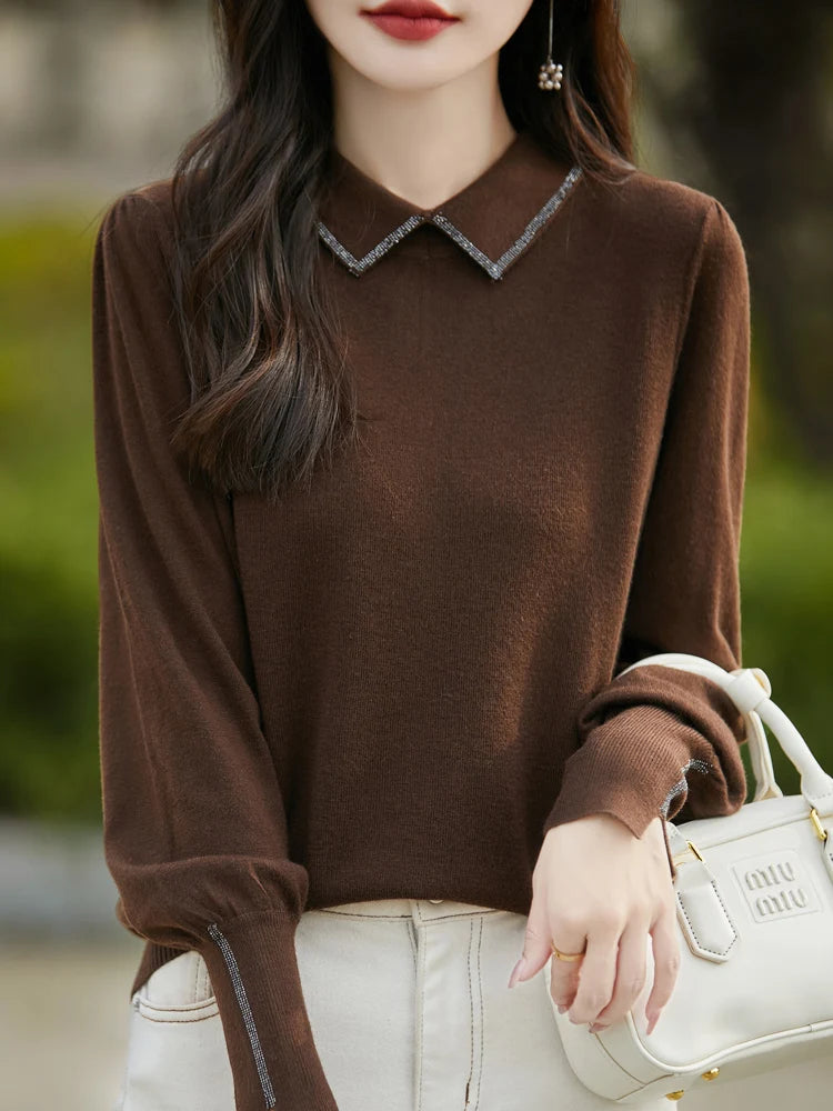 Women Merino Wool Sweater Polo Collar Lantern Sleeve Pullover Autumn Winter Knitted Clothing Diamond Long Sleeve Bottoming Tops