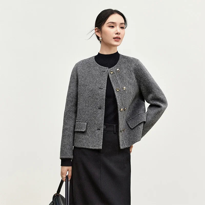 SENTUBILA Women Short Grey Woolen Coat 2024 Elegant Crew Neck Metal Double Breasted Short Jackets Winter Outerwear W44O56641