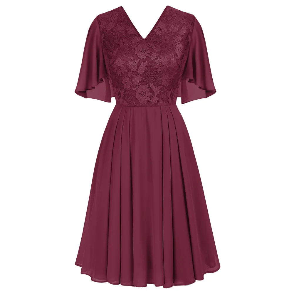 GK Women Lace Patchwork Dress Cape Sleeve V-Neck Flared A-Line Causal Fashion Party Evening Dresses Female Lady Elegant Gown