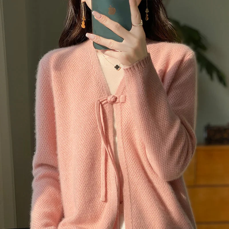 Spring Wool Cardigan Sweater Women Clothing V-neck Open Stitch Female Long Sleeve Tops Knitwears Korean Fashion New In Outerwear