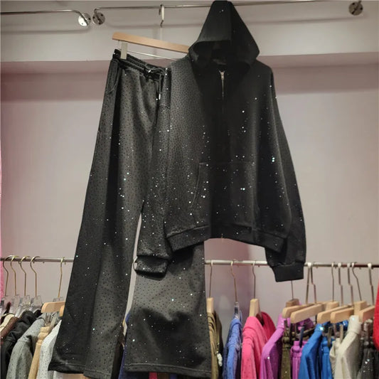 High Street Diamond Hoodies 2 Piece Sets Women Heavy Industry Washed Loose Casual Sportswear High Waist Wide Leg Pants Tracksuit