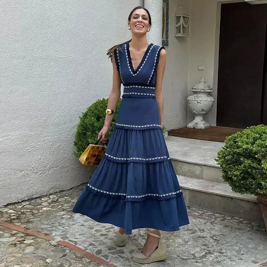 Chic Elegant Tassel Spliced Print Ruffles Long Dress Women Fashion V Neck Sleeveless A-line Robe 2024 Chic Lady Holiday Robe