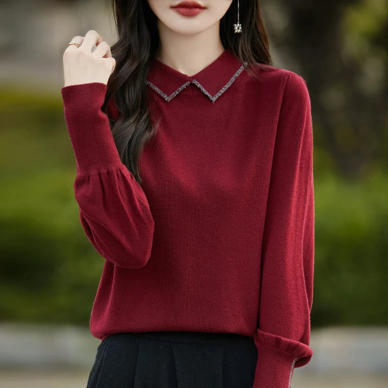 Women Merino Wool Sweater Polo Collar Lantern Sleeve Pullover Autumn Winter Knitted Clothing Diamond Long Sleeve Bottoming Tops