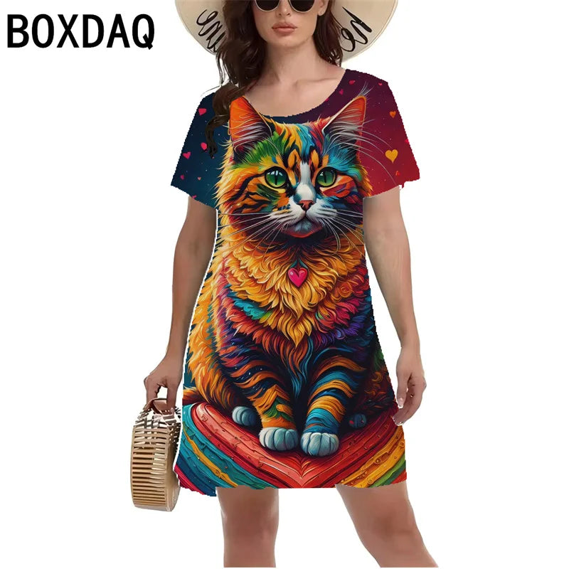 Fun Animal Pattern Print Dress Women Summer Short Sleeved Casual Beach Mini Dress S-3XL Female Fashion Personality A-Line Dress