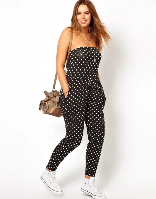 Plus Size Dot Print Casual Jumpsuits Sleeveless Off Shoulder Pocket Design Elastic Waist Formal Office Elegant Jumpsuits 6xl 7xl