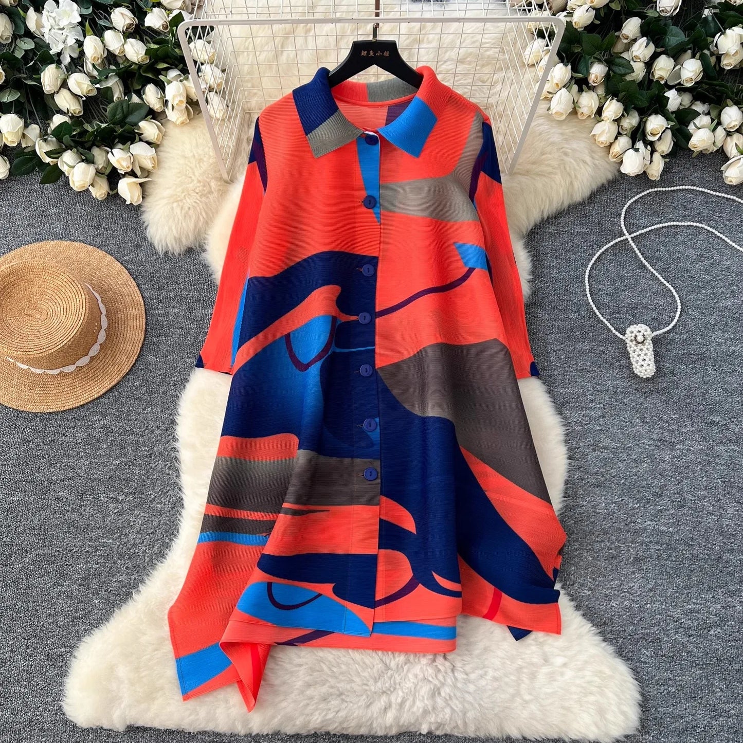 Miyake Pleated Large Size Shirt Dress Women's 2024 Autumn New Colorblock Print Stand Collar Loose Fat MM Slim Stretch Cardigans