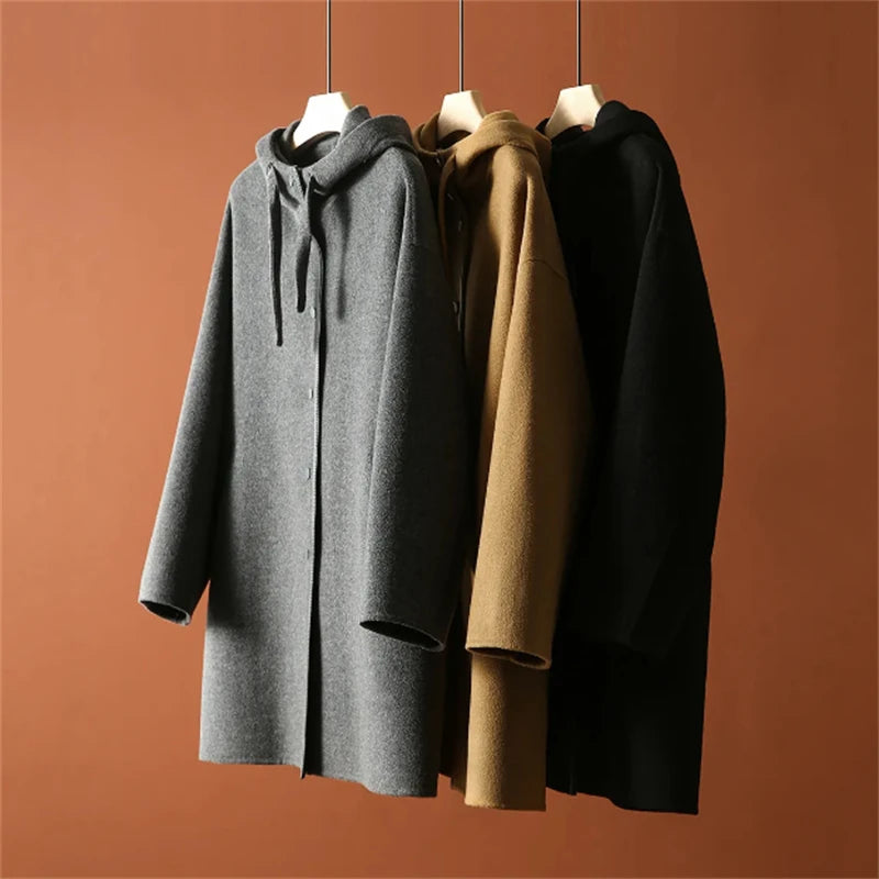 Autumn Winter Woolen Jacket Women New Loose Drawstring Hooded Coat Pure Colour Outerwear Fashion Covered Button Overcoat Female