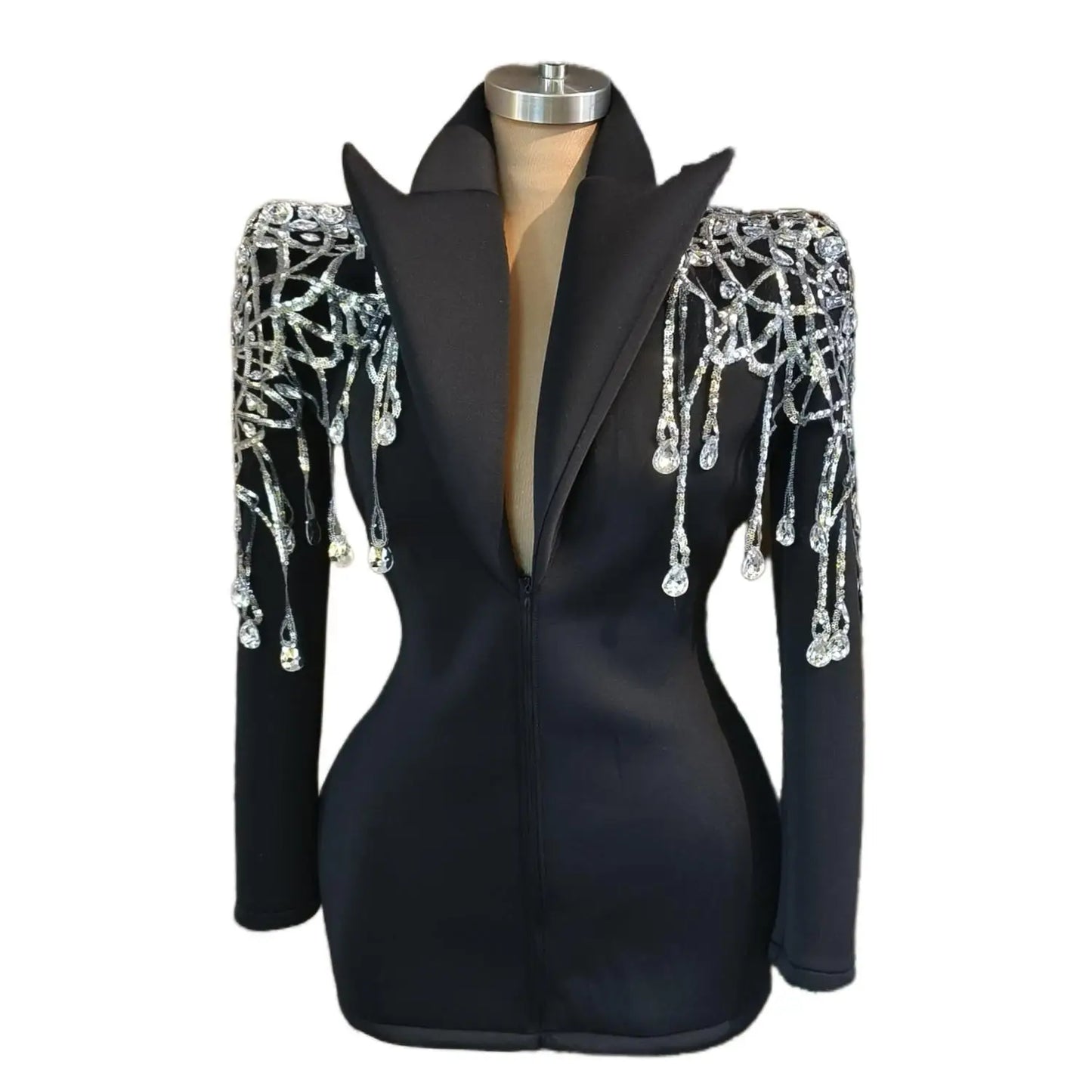 Women Black Blazer Design Sparkly Rhinestone Performance Dress Singer DJ DS Night Club Bar Stage Wear Drag Queen Costume Feiji