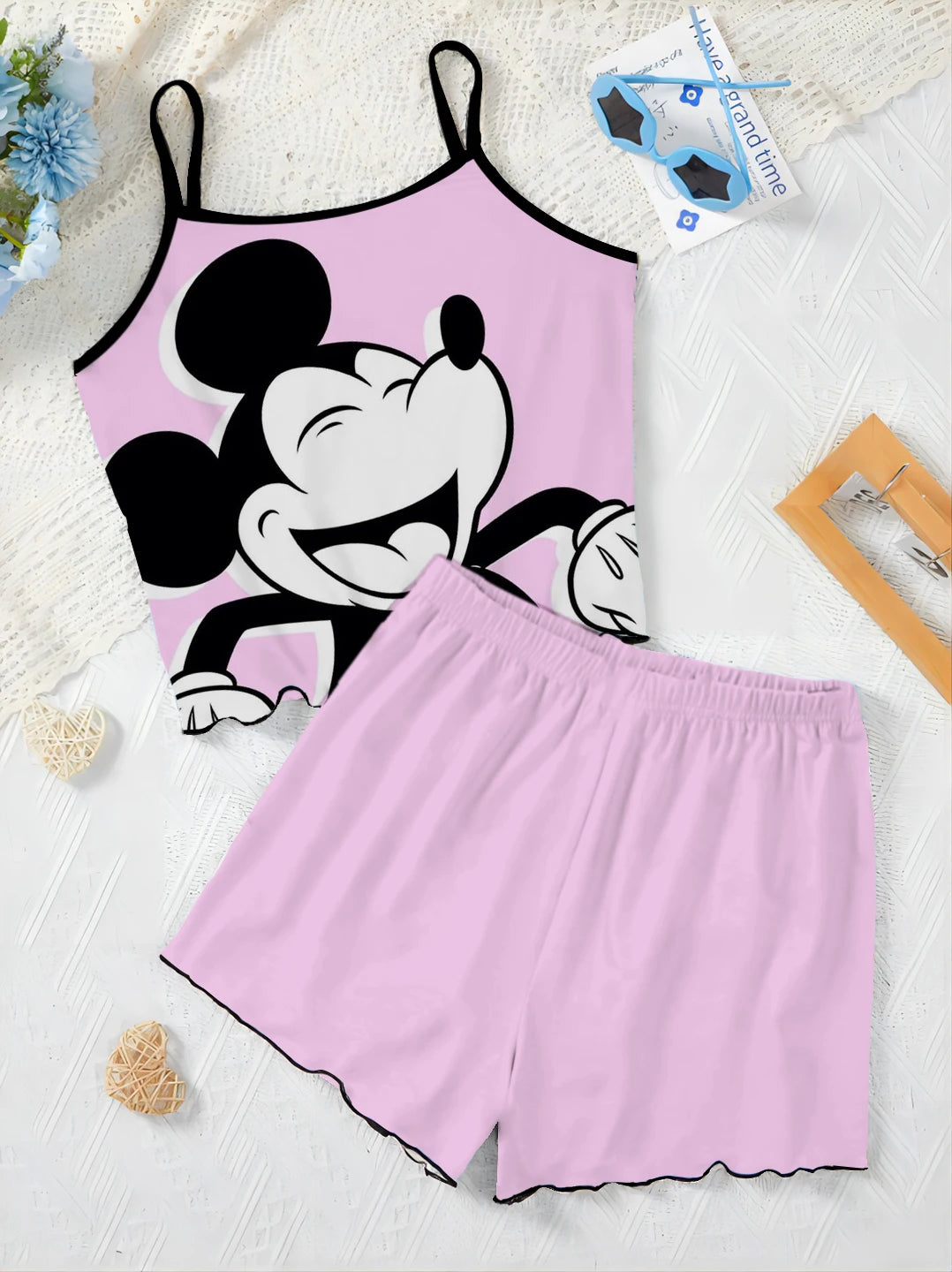 Top Disney Minnie Mouse Short Sets for Women 2 Pieces Lettuce Trim T-shirt Mickey Slip Dress Women's Suit Pajama Skirt Elegant