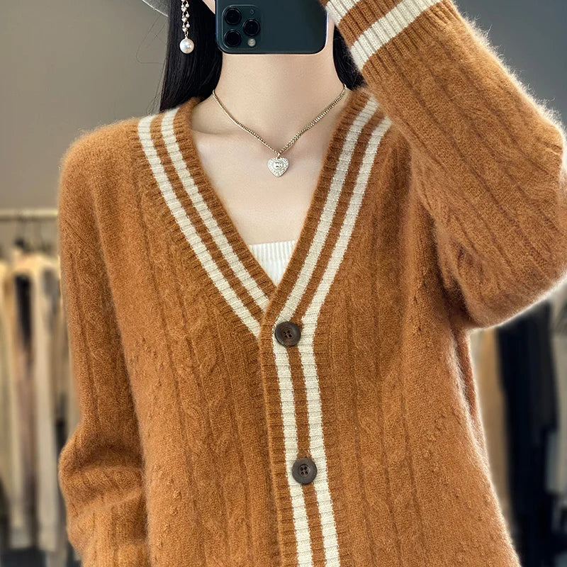 100% pure wool cardigan coat female autumn and winter new V-neck Korean cashmere sweater loose knit coat female