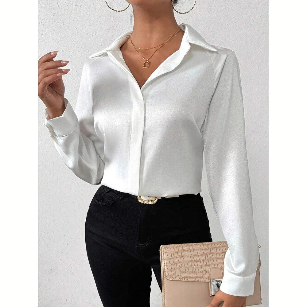 Mia Muse Women's Shirts Autumn Elegant Decent Plain Long Sleeve Shirt Collar Workwear Shirts