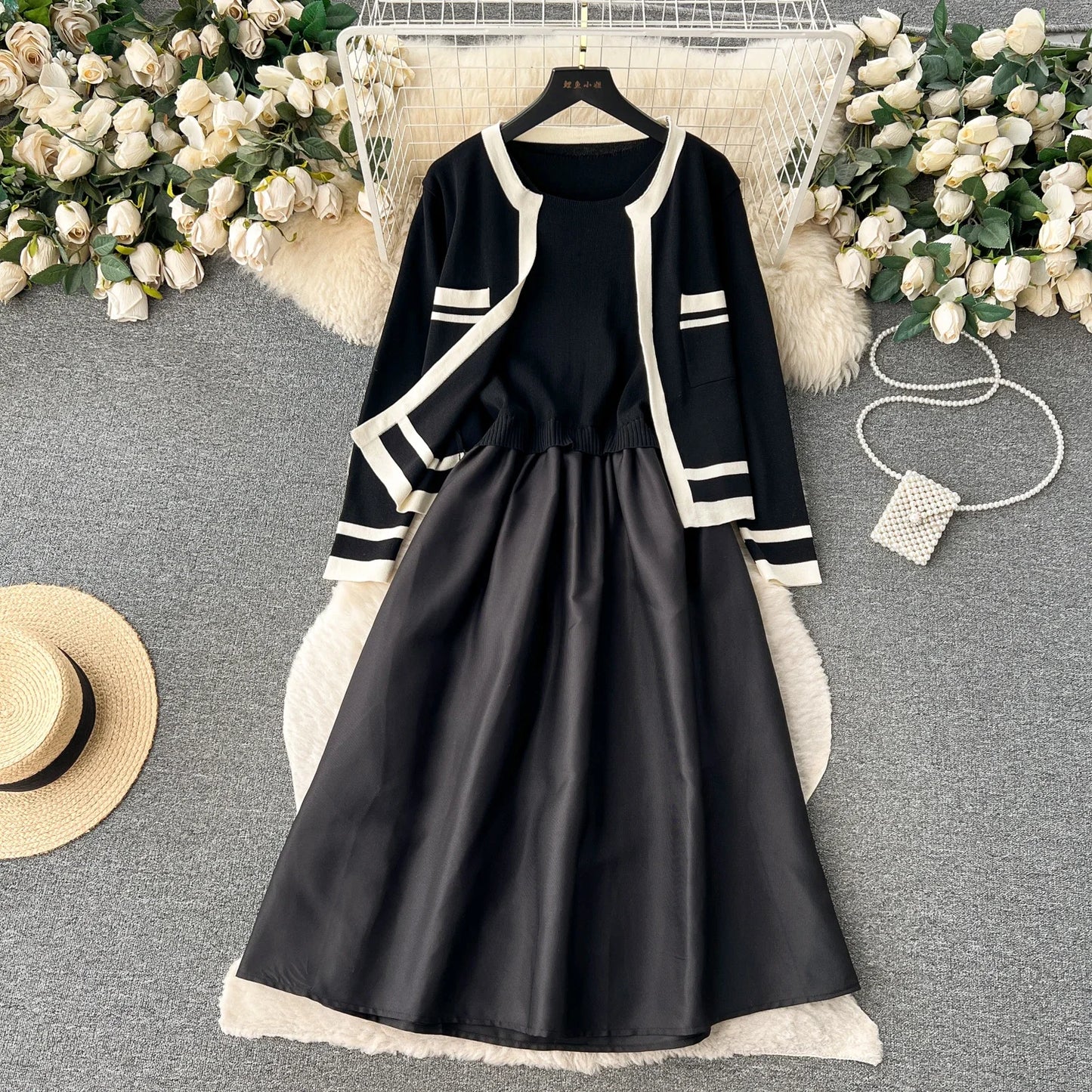 Chic Twp-piece Sets Casual Loose Patchwork Coat Basics Sleeveless Spliced A-line Sundress Evening Autumn Winter Women Clothing