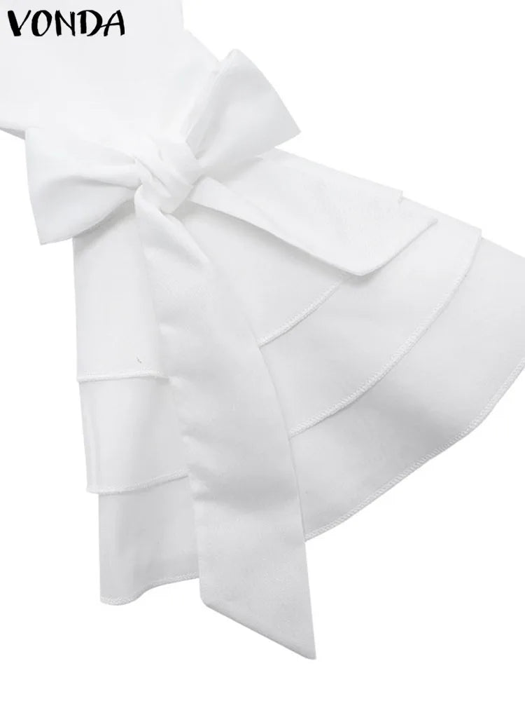 Plus Size 5XL VONDA Fashion Shirts White Blouse Women Autumn Long Flare Sleeve Tops Tunic Casual Solid Buttons Blusas Femininas