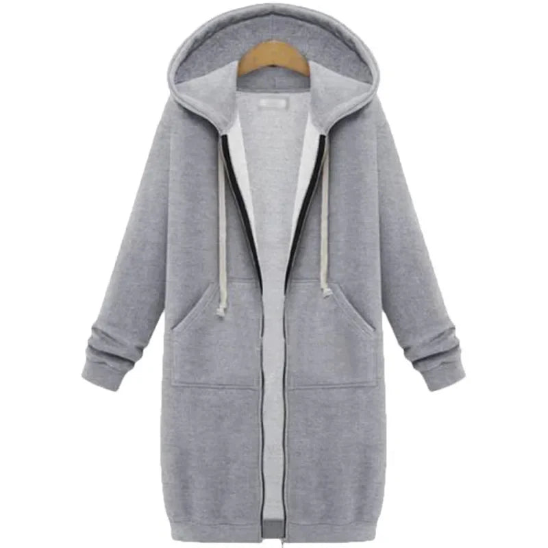 America Solid Color Hoodie Cardigan Women Autumn Winter Hip-hop Mid Long Velvet Pockets Hooded Zipper Windbreaker Jacket Top New