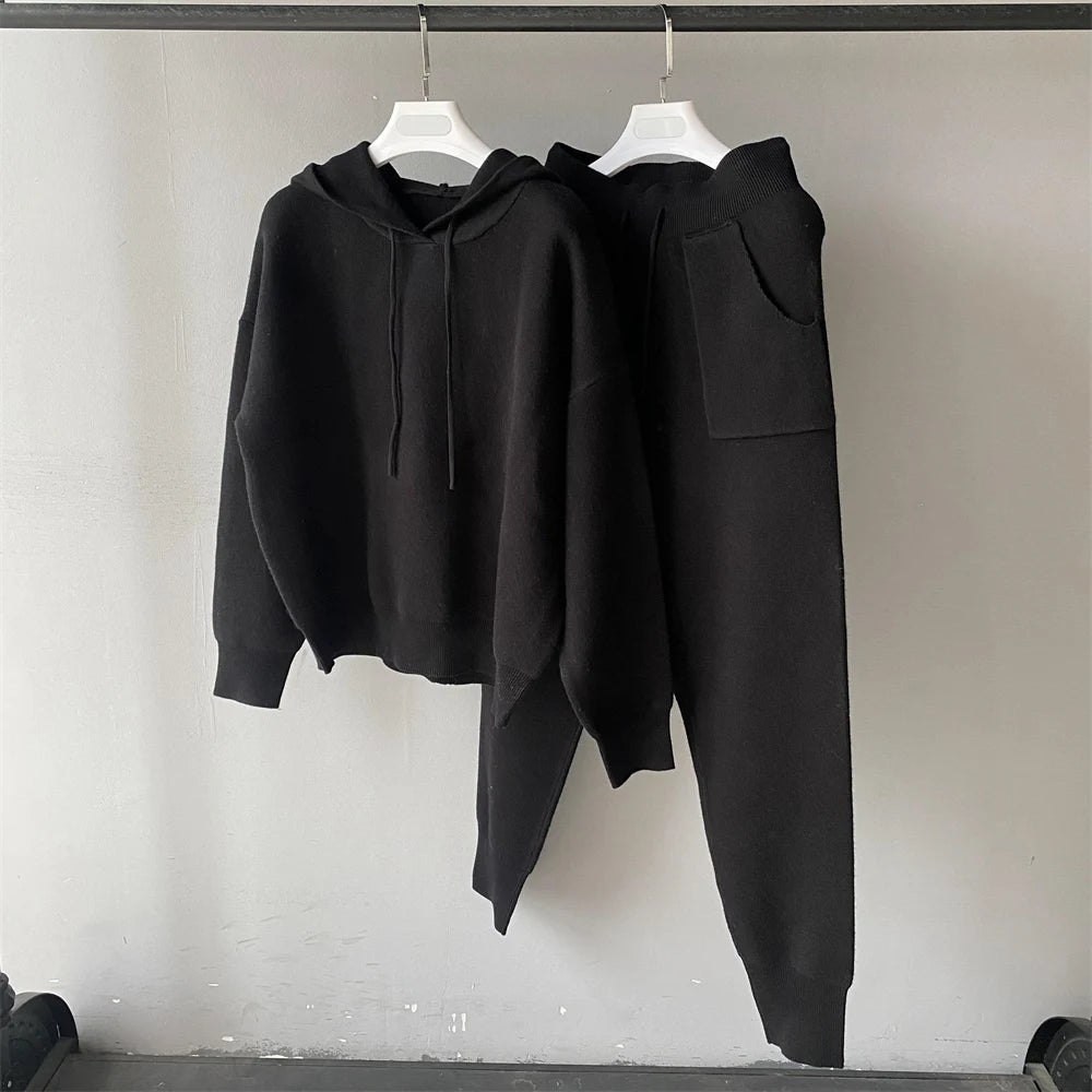 Jxwatcher Women's Sweater and Pant Sets With Real Fox Fur Collar Autumn Fashion Ladies Knitted Two Piece Set With Hooded Female