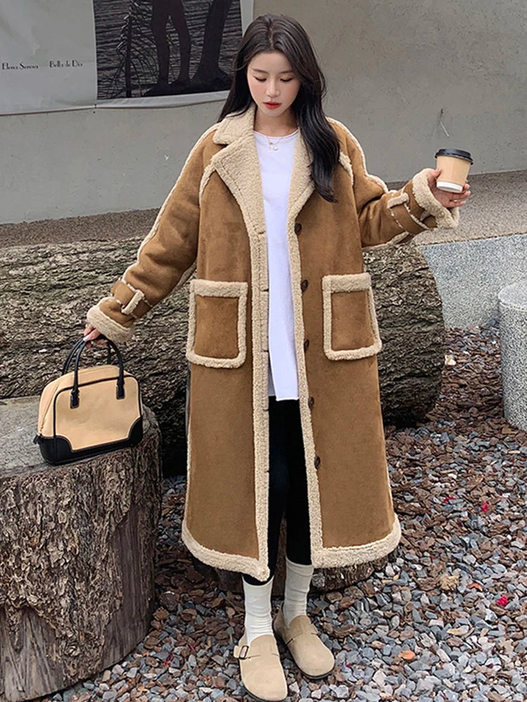 LANMREM Lamb Wool Long Coat For Women Patchwork Lapel Big Pockets Thick Winter Warm Overcoat Female Clothing 2024 New 2DB1058