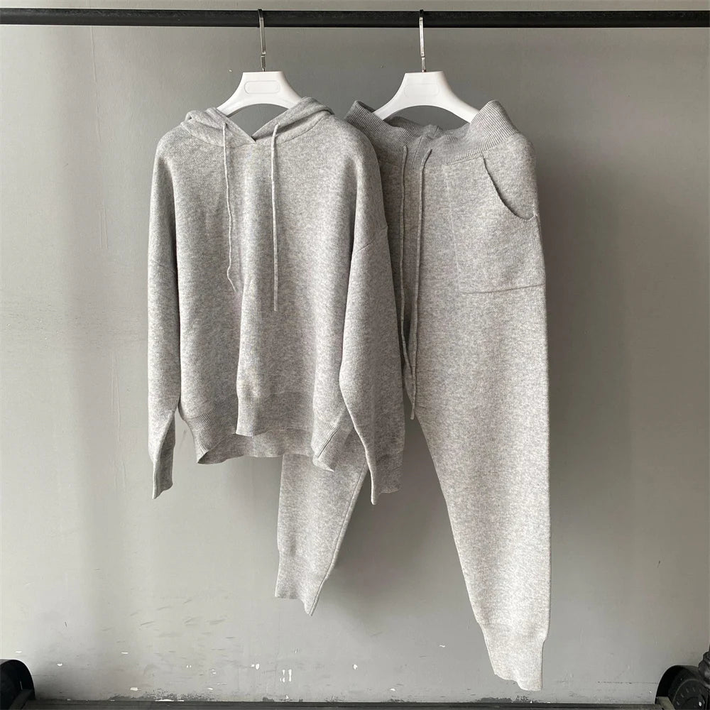 Jxwatcher Women's Sweater and Pant Sets With Real Fox Fur Collar Autumn Fashion Ladies Knitted Two Piece Set With Hooded Female