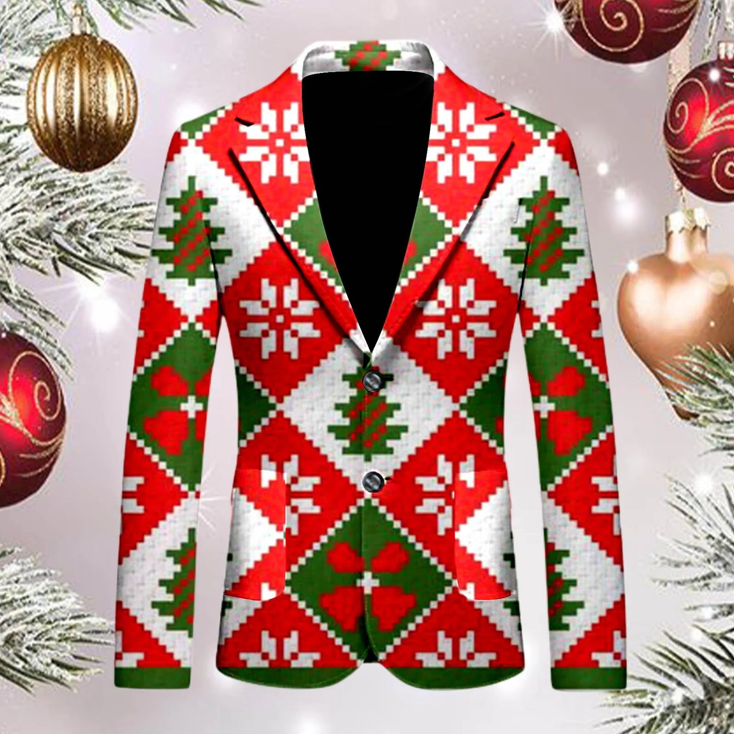 Men's Christmas Snowflake Elk Print Blazer Jackets With Pocket Elegant Slim One Button Suit Coat Plus Size Party Outwears