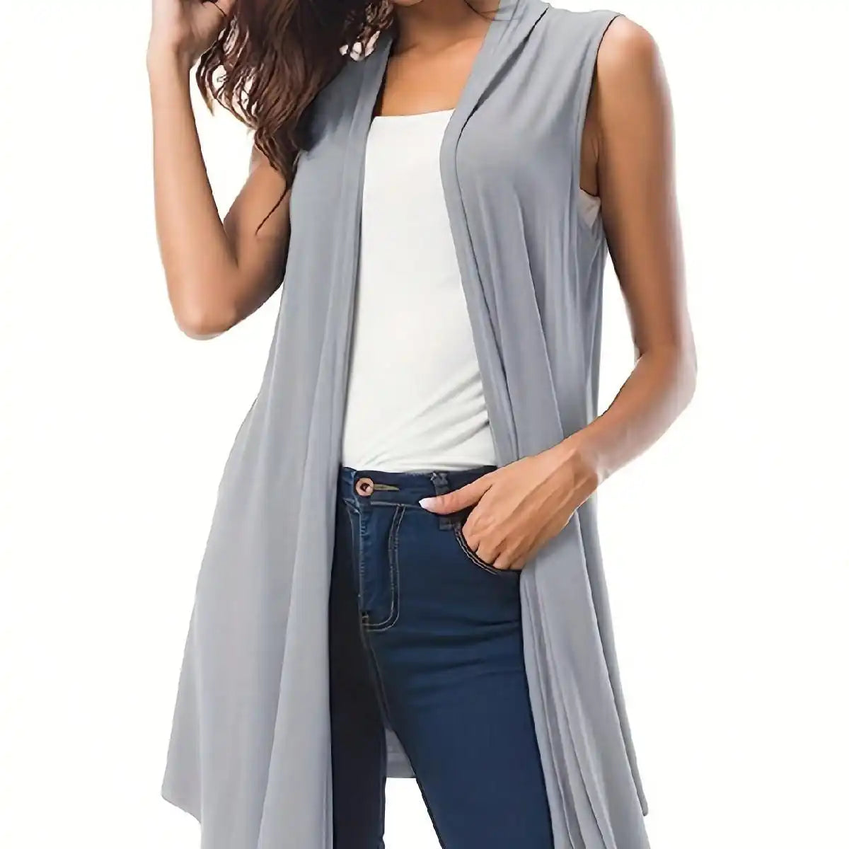 Women's Plus Size 1XL-5XL Asymmetrical Hem Sleeveless Cardigan Versatile Solid Color Casual Cardigan Simple Fashionable Cardigan