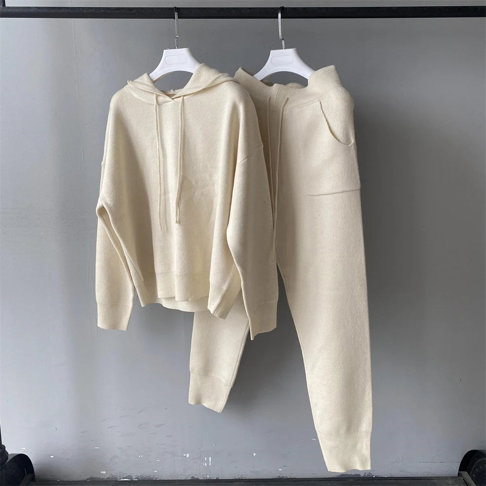 Jxwatcher Women's Sweater and Pant Sets With Real Fox Fur Collar Autumn Fashion Ladies Knitted Two Piece Set With Hooded Female