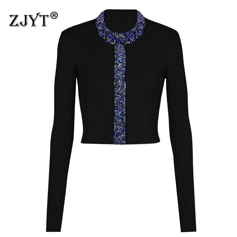 ZJYT Women's Long Sleeve Cardigan Sweaters Luxury Beading Knitting Tops Female Europe Fashion O Neck Knitwears Jersey Mujer 2024