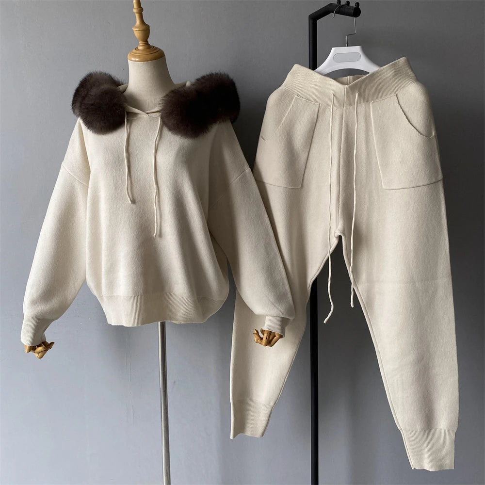 Jxwatcher Women's Sweater and Pant Sets With Real Fox Fur Collar Autumn Fashion Ladies Knitted Two Piece Set With Hooded Female